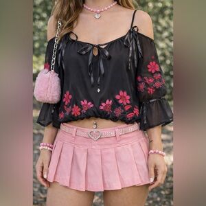 For Love & Lemons Black Pink Floral Tie Detail Blouse Top